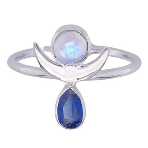 Moonstone Kyanite Crescent Moon Ring ethically handcrafted exclusive designs